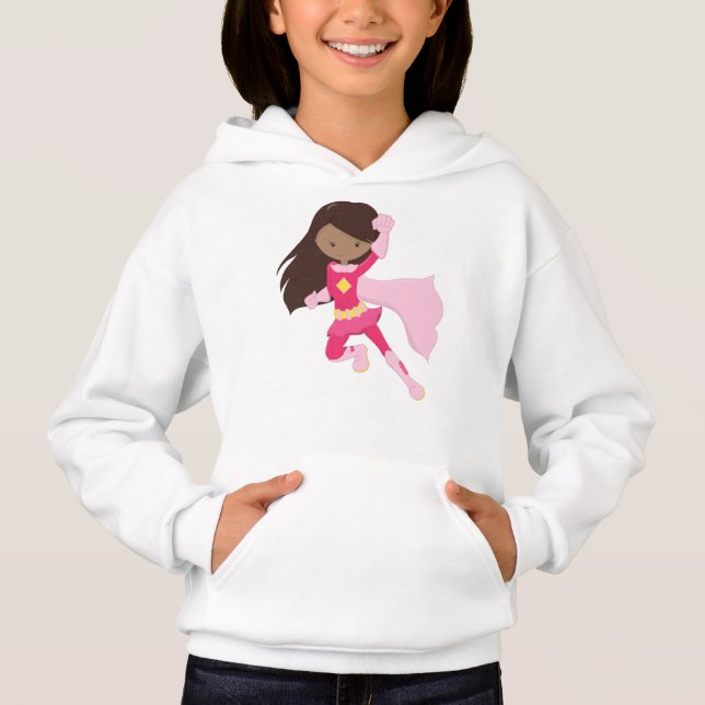 Afrikanische Amerikanerin, Superheldin Girl, rosa  Hoodie (Vorderseite)