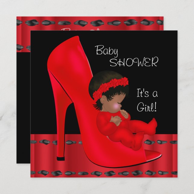 Afrikanische amerikanische Babydusche Girl Red Sho Einladung (Vorne/Hinten)