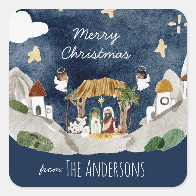 Afrikanische Amerikanische Krippe Weihnachten Quadratischer Aufkleber (Vorderseite)