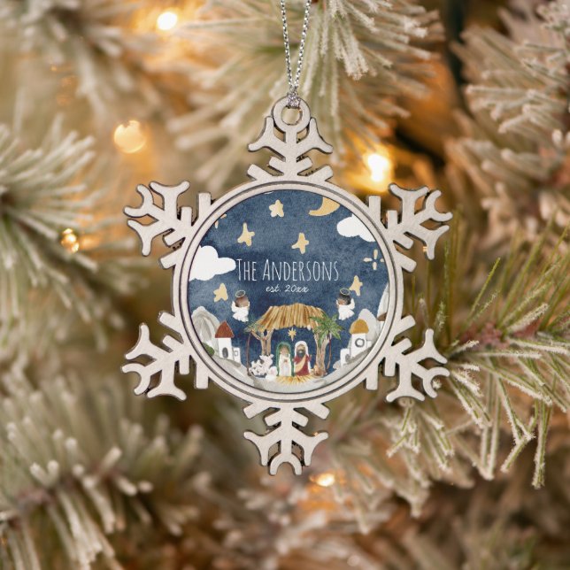 Afrikanische Amerikanische Krippe Weihnachten Schneeflocken Zinn-Ornament (Baum)