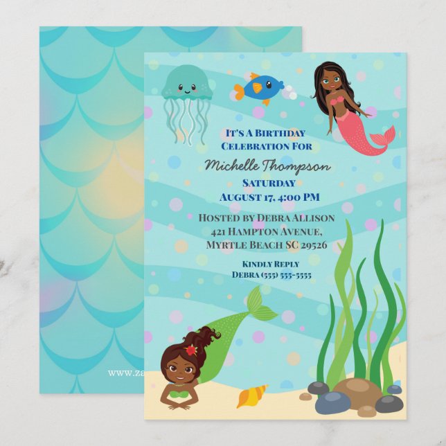 Afrikanische Amerikanische Mermaid Birthday Party Einladung (Vorne/Hinten)