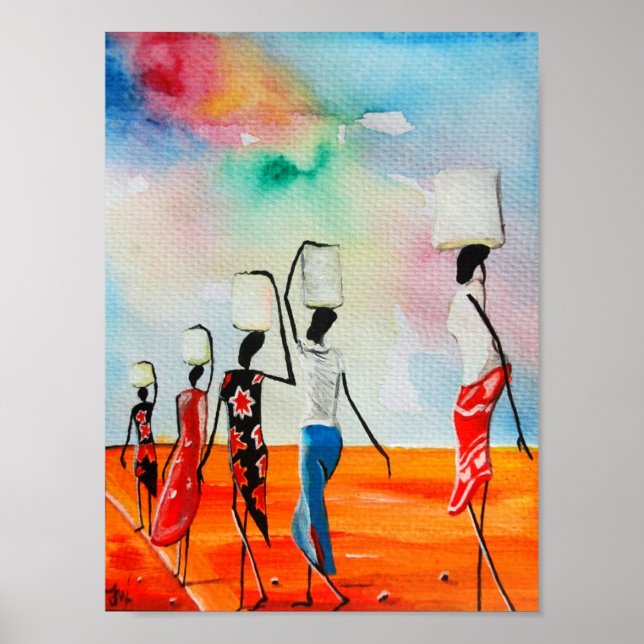 Afrikanische Aquarellmalerei Premium Leinwand Glos Poster (Vorne)