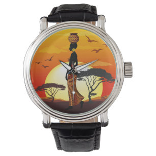 Afrikanische Beautiful Woman Silhouette über afrik Armbanduhr