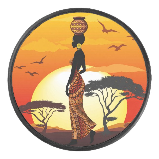 Afrikanische Beautiful Woman Silhouette über afrik Eishockey Puck (Vorderseite)