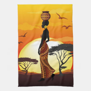 Afrikanische Beautiful Woman Silhouette über afrik Geschirrtuch
