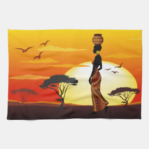Afrikanische Beautiful Woman Silhouette über afrik Geschirrtuch