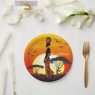 Afrikanische Beautiful Woman Silhouette über afrik Pappteller