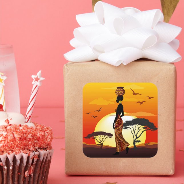 Afrikanische Beautiful Woman Silhouette über afrik Quadratischer Aufkleber (Party)