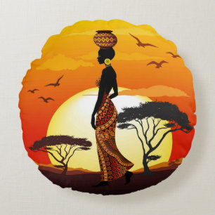 Afrikanische Beautiful Woman Silhouette über afrik Rundes Kissen