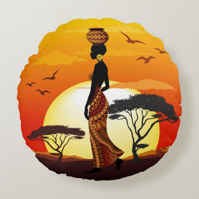 Afrikanische Beautiful Woman Silhouette über afrik Rundes Kissen (Vorderseite)