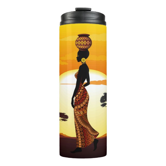 Afrikanische Beautiful Woman Silhouette über afrik Thermosbecher (Vorderseite)