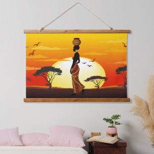 Afrikanische Beautiful Woman Silhouette über afrik Wandteppich Mit Holzrahmen