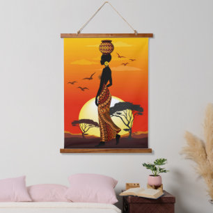 Afrikanische Beautiful Woman Silhouette über afrik Wandteppich Mit Holzrahmen