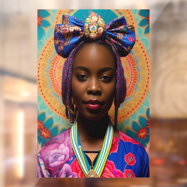 Afrikanische Dame mit großer Bug und Medaille Fensteraufkleber (Blatt 2)