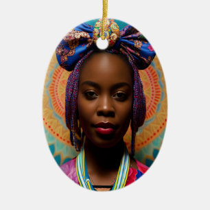 Afrikanische Dame mit großer Bug und Medaille Keramik Ornament
