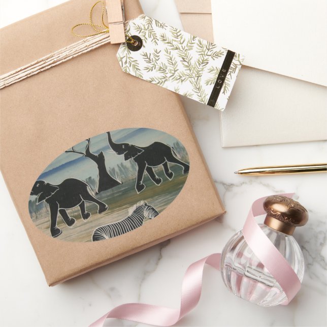 afrikanische Elefantenkunst Print Ovaler Aufkleber (Schenken)