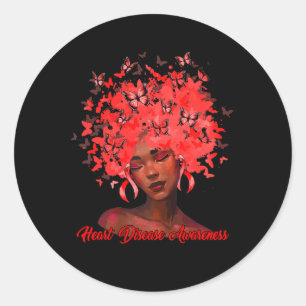 Afrikanische Frau Afro Butterfly Ribbon Red Heart Runder Aufkleber