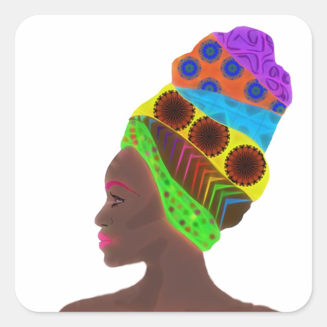 Afrikanische Frau mit farbenprächtigen Turban Quadratischer Aufkleber (Vorderseite)