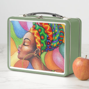 Afrikanische Frau mit traditionellem Wachs Metall Brotdose