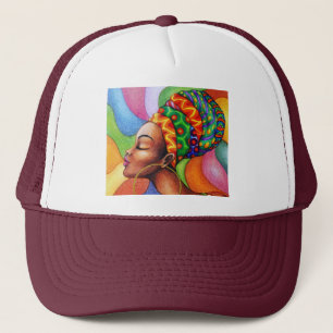 Afrikanische Frau mit traditionellem Wachs Truckerkappe