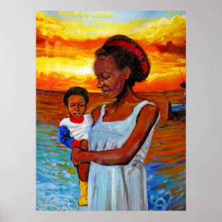 Afrikanische Frau und Kind auf See mit Sonnenunter Poster