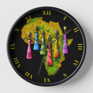 Afrikanische Frauen in Afrika auf Karte in farbige Uhr