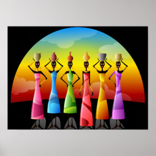 Afrikanische Frauen mit Töpferei auf den Köpfen Poster