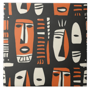 Afrikanische Gesichter Orange, Schwarze Keramik Fliese