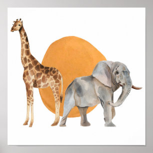 Afrikanische Giraffe und Elephant Poster