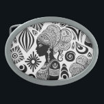 Afrikanische Girl Portrait Tribal Tattoo Ovale Gürtelschnalle<br><div class="desc">Schönes afrikanisches Girl-Portrait mit Ethnic Wax Tissue Hair Style,  erstellt auf schwarz und weiß Stamm Tattoo Stil. Original Vector Illustration Copyright BluedarkArt The ChameleonArt.</div>