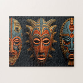Afrikanische Masken in Orange und Türkis Puzzle