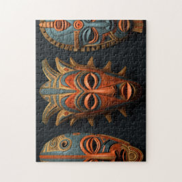 Afrikanische Masken in Orange und Türkis Puzzle