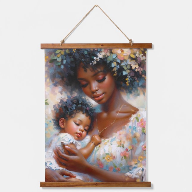 Afrikanische Mutter und Baby Floral Wandteppich Mit Holzrahmen (Vorderseite)