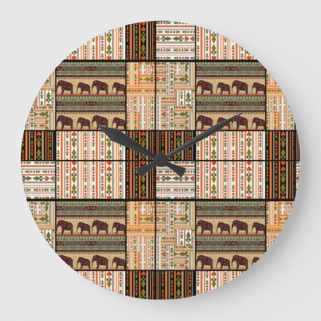 Afrikanische Patchwork-Elefanten: Ziertextur Große Wanduhr (Vorderseite)