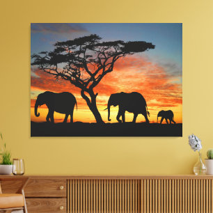 Afrikanische Safari-Sonnenuntergang-Elefanten-Silh Leinwanddruck