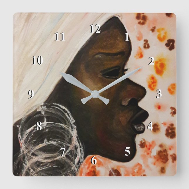 Afrikanische Schönheit - Aquarellmalerei Kunst Quadratische Wanduhr (Vorderseite)