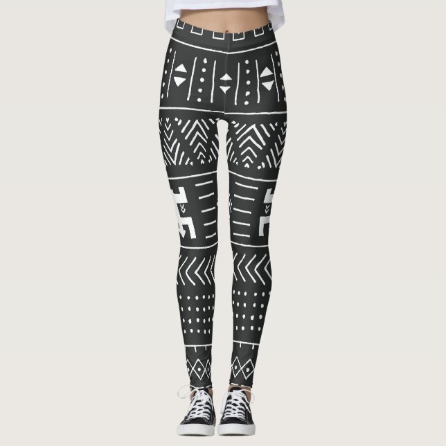 Afrikanische Stammkunst: Geometrisches Schwarz & W Leggings (Vorderseite)