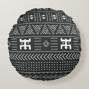 Afrikanische Stammkunst: Geometrisches Schwarz & W Rundes Kissen