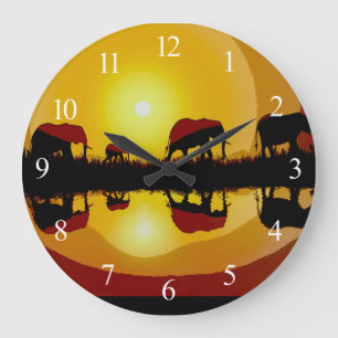 Afrikanische Sunset Elefanten  Große Wanduhr