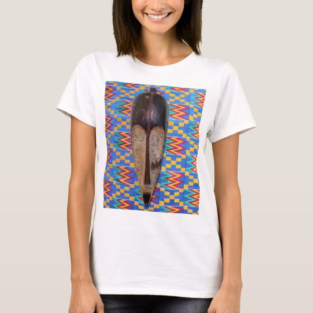 Afrikanische Tribal Mask Blue Yellow Kente Tuch Th T-Shirt (Vorderseite)