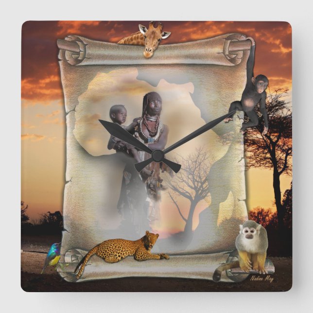 Afrikanische Zeit Quadratische Wanduhr (Vorderseite)