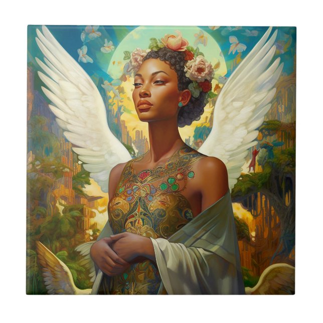 Afrikanischer Amerikaner Angel Goddess Fantasy Art Fliese (Vorderseite)