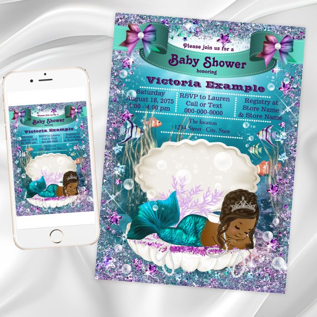Afrikanischer Amerikaner Meerjungfrau Princess Bab Einladung (African American Mermaid Princess Baby Shower Invitation. Instant download & printed invitations.)