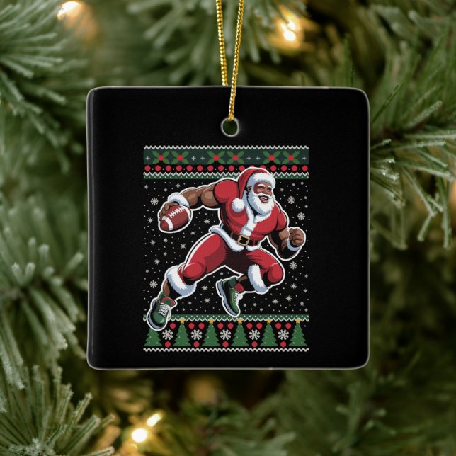 Afrikanischer Amerikaner Santa Football Ugly Weihn Keramikornament (Baum)