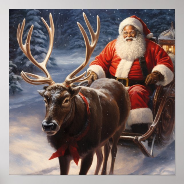 Afrikanischer Amerikaner Santa Red Bow Reindeer Poster (Vorne)
