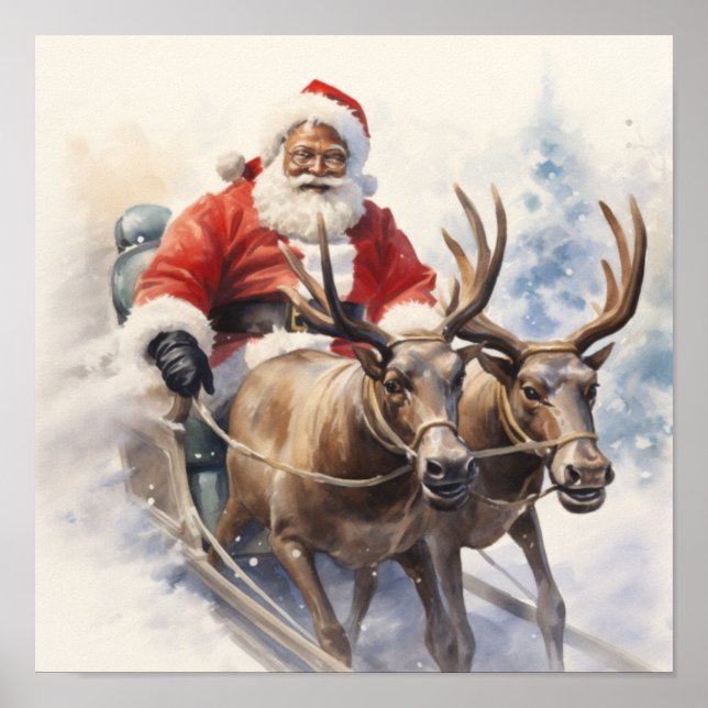 Afrikanischer Amerikaner Santa Two Reindeer Sleigh Poster (Vorne)