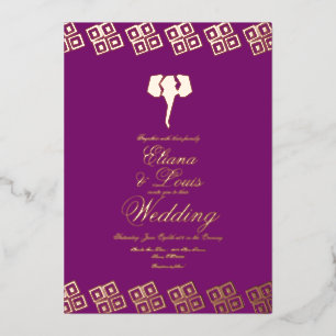 Afrikanischer Ankara-Elefant Lila Hochzeit Gepress Folieneinladung