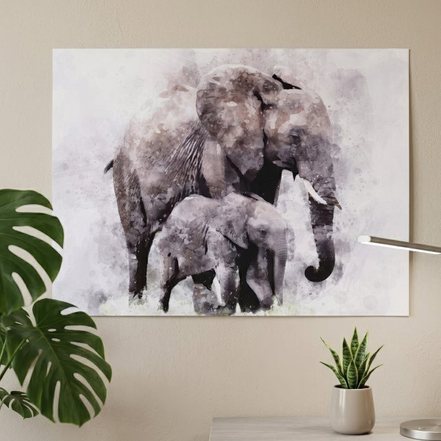 Afrikanischer Elefant mit Wasserfarbe Poster (Female African Elephant with Calf Watercolor. Poster)