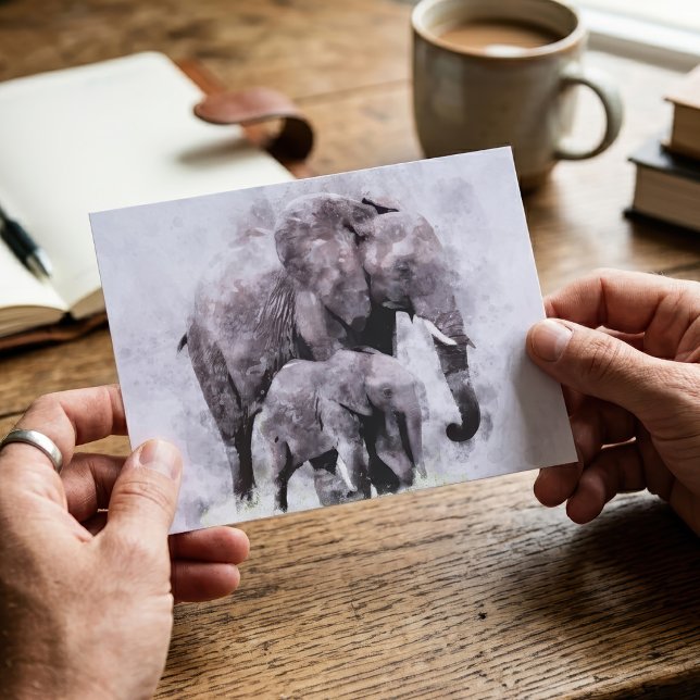 Afrikanischer Elefant mit Wasserfarbe Postkarte (Female African Elephant with Calf Watercolor. Postcard )