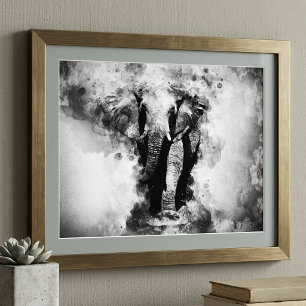 Afrikanischer Elefant Schwarz-Weiß-Aquarell Fotodruck